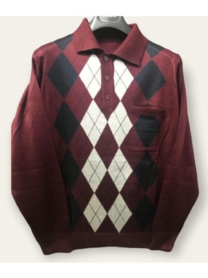 Nacar Store Erkek Desenli Polo Yaka Ince Yün Triko Düğmeli Baba Kazak