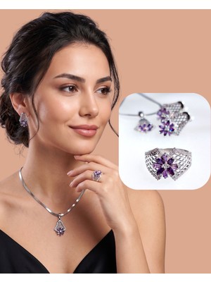Luna Luster 925 Ayar Gümüş Otantik Lotus Çiçek Tasarım Ametist Kadın Mücevher Set Kolye Küpe Yüzük