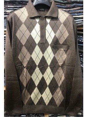 Nacar Store Erkek Desenli Polo Yaka Ince Yün Triko Düğmeli Kazak