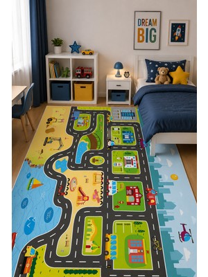 Norella Home Şehir Yolu Oyun Halısı Kaymaz Taban Yıkanabilir Çocuk Odası Halısı