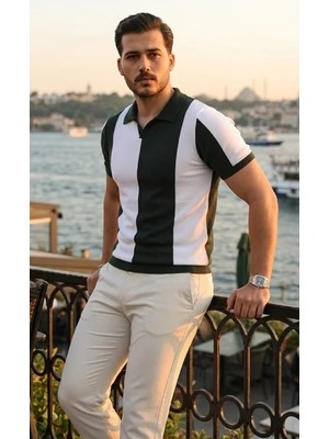 Uslucan Alışveriş Erkek Kısa Kollu Polo Yakalı Blok Desenli Triko Bluz