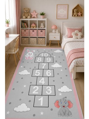 Norella Home Seksek Oyun Halısı Tavşan ve Fil Desenli Kaymaz Taban Yıkanabilir Çocuk Odası Halısı