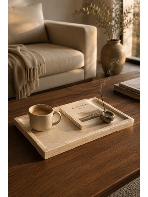 Marbello Bej Doğal Mermer Tepsi 17X32 cm Dekoratif Sunum Tepsisi Banyo Organizer Konsol ve Sehpa Düzenleyici