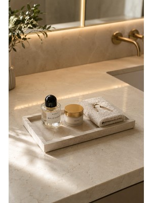 Marbello Bej Doğal Mermer Tepsi 17X32 cm Dekoratif Sunum Tepsisi Banyo Organizer Konsol ve Sehpa Düzenleyici