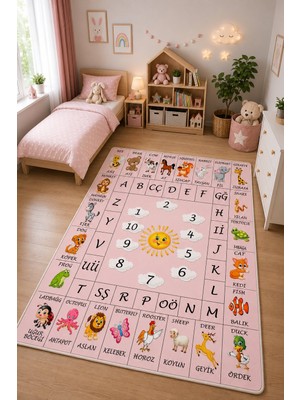 Norella Home Pembe Alfabe Hayvan Desenli Eğitici Çocuk Halısı Kaymaz Taban Yıkanabilir Oyun Halısı