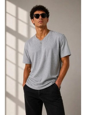 Uslucan Alışveriş Erkek V Yaka Basic Tişört Kısa Kol Yazlık Regular Fit T-Shirt - Gri