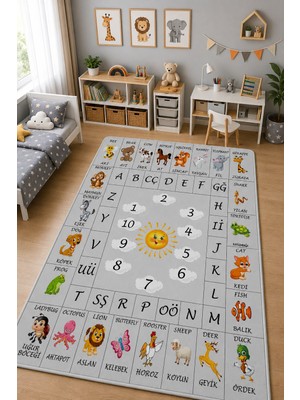 Norella Home Türkçe Ingilizce Alfabe Hayvan Desenli Eğitici Çocuk Halısı Kaymaz Taban Yıkanabilir Oyun Halısı