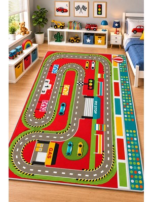 Norella Home Yarış Pisti Desenli Çocuk Halısı Kaymaz Taban Yıkanabilir Araba Yol Halısı Oyun Halısı