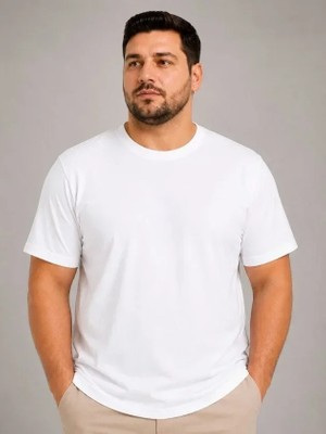 Uslucan Alışveriş Erkek Battal Big Size Basic Tişört Bisiklet Yaka Rahat Kalıp T-Shirt - Beyaz