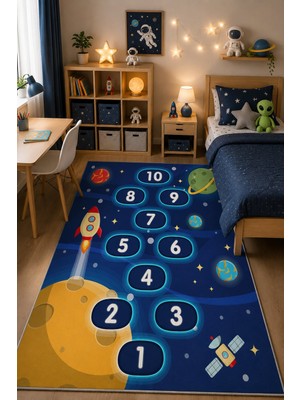 Norella Home Uzay Temalı Seksek Oyun Halısı Kaymaz Taban Yıkanabilir Çocuk Odası Halısı Roket Desenli