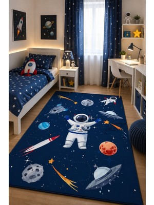 Norella Home Astronot Çocuk Halısı Kaymaz Taban Yıkanabilir Uzay Temalı Erkek Çocuk Odası Oyun Halısı Lacivert