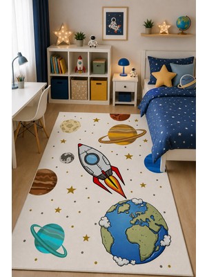 Norella Home Uzay Temalı Çocuk Odası Halısı Kaymaz Taban Yıkanabilir Roket ve Gezegen Desenli Halı