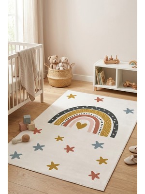 Norella Home Gökkuşağı Desenli Çocuk Odası Halısı Kaymaz Taban Yıkanabilir Pastel Modern Halı