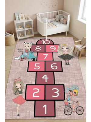 Norella Home Kız Çocuk Seksek Oyun Halısı Kaymaz Taban Yıkanabilir Prenses Temalı Çocuk Odası Halısı