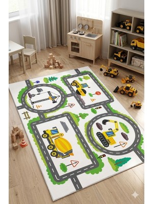 Norella Home Inşaat Araçları Yol Halısı Kaymaz Taban Yıkanabilir Çocuk Odası Halısı Iş Makinesi Desenli Oyun Halısı