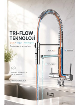 Watalina NKD48N12CP 3 Yollu Spiralli Pull-Down Arıtmalı Mutfak Bataryası Krom Tayvan
