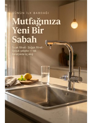 Watalina Likuan Akıllı 3 Yollu Tri-Flow Mutfak Bataryası | Sıcak/soğuk Filtreli + Şebeke | LED Renk Göstergeli L-Tipi Krom