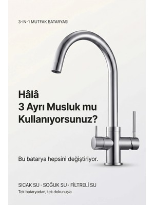 Watalina Likuan Mutfak Bataryası 3 Yollu Tri-Flow LED Göstergeli Krom Kuğu Boynu Nsf Sertifikalı