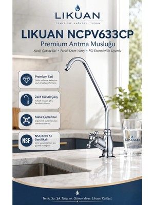 Watalina NCPV633CP Nsf Ansı 61 Sertifikalı Krom Ro Su Arıtma Musluğu Çapraz Kollu Premium Musluk