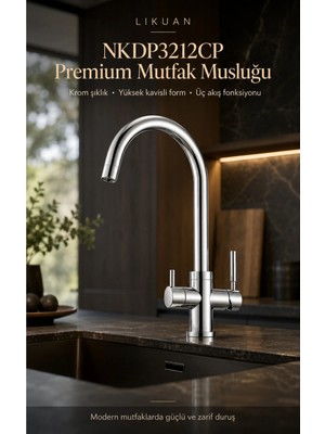 Watalina NKDP3212CP Premium Krom 3 Akışlı Mutfak Musluğu Filtreli Içme Suyu