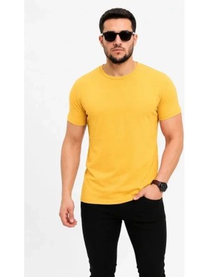 Uslucan Alışveriş Erkek Basic Tişört Bisiklet Yaka Kısa Kol Günlük Yazlık Slim Fit T-Shirt - Sarı