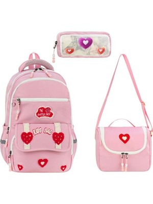 Baginn Ilkokul Kız Çocuk Çantası 3'lü Set Kalpli Desen 40*30 cm Beslenme Çantası Kalem Kutusu Ortopedik