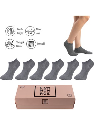 Lion Monroe Saf Bambu Kadın Patik Gri Melanj Düz Kısa Çorap Dikişsiz Premium Kutulu 6'lı L5952AZNP Softaura