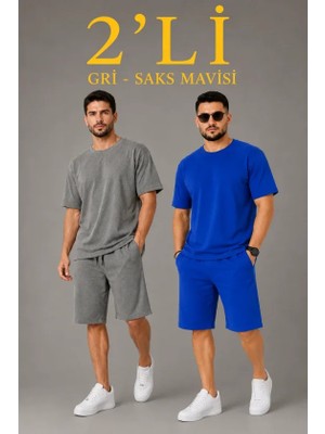 Çamaşır Kenti Erkek 2’li Oversize Tişört Şort Takım Seti Yazlık Iki Iplik Kumaş - Gri, Saks Mavisi