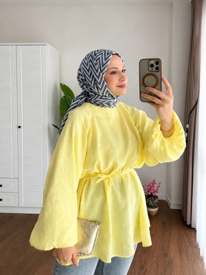 Moonsc Kadın Balon Kol Bel Bağlamalı Pamuklu Bisiklet Yaka Standrt Beden Sarı Tunik Tesettür Gömlek