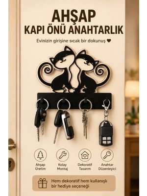 BirbeyStore Çift Sevgili Anahtarlık Kapı Önü Ahşap Anahtarlık Sevimli Kedi