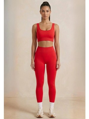 Formactive Kırmızı U Yaka Büstiyer Push Up Dikişsiz Tayt Takım