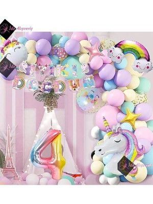 4 Yaş Karakterli Unicorn Temalı Iyi Ki Doğdun Makaron Balon Doğum Günü Parti Kutlama Seti Bmcn
