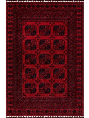 Halı Kırmızı Renkli Afgan Tarzı Altı Kaymaz Yıkanabilir Şönil Kilim