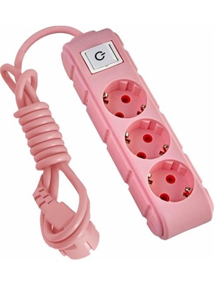 3lü Anahtarlı Grup Priz 3 Metre 16A 250V, Üçlü Topraklı Uzatma Kablosu 3 Metre Pembe Renk