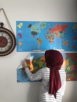 Tablo Eğitici Türkiye ve Dünya Haritası Set Çocuk Duvar Yazı Tahtası Kağıt Tahta 118X56 cm