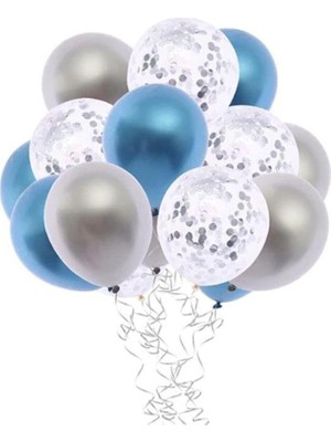Konfetili Şeffaf Balon Metalik Mavi Metalik Gri Balon Seti 15 Adet