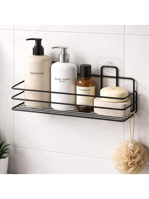 Siyah Metal Duş Rafı, Vakumlu Yapışkanlı, 29 Cm, Banyo Organizer, Paslanmaz