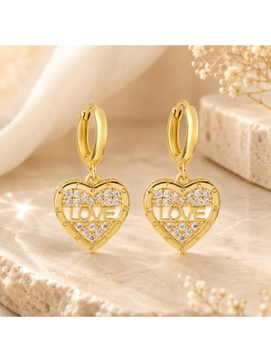 Lia Charm Kadın Zirkon Taşlı Altın Kaplama Kalpli "love" Halka Küpe