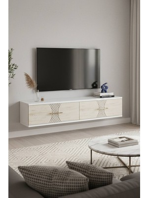 Yumedi Design TDA1232BT -Merve Duvara Montaj Tv Stand , Tv Sehpası 120CM Beyaz-Traverten