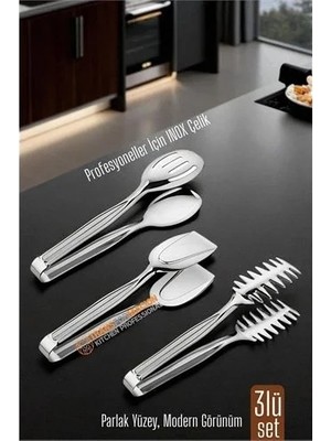 Renas Store 3’lü Inox Çelik Mutfak Maşa Seti - Makarna Pasta Salata Çok Amaçlı Maşa 3 Lü Set 722225