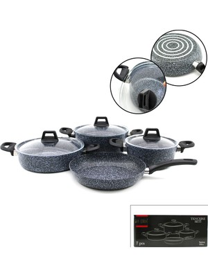 Gri 7 Parça Granit Tencere - Tava Seti 20-24CM Derin - 27CM Basık Cam Kapak Tencere - 26CM Tava