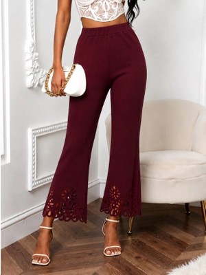Lune Store Kadın Yüksek Bel Paçaya Doğru Genişleyen Lazer Çiçek Kesim Detaylı Ithal Krep Pantolon