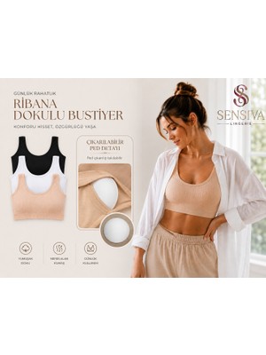 Sensiva Lingerie Bustiyer Fitilli Kalın Askılı Pedli 3'lü Paket - Pamuklu Crop Yarım Atlet - Telsiz Konfor ( 3 Adet ) Siyah - Beyaz - Ten