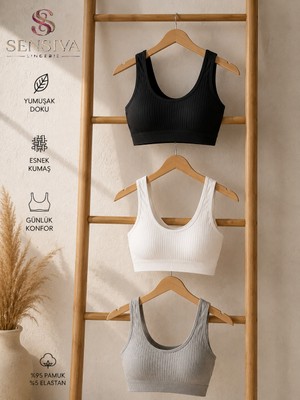 Sensiva Lingerie Bustiyer Fitilli Kalın Askılı Pedli 3'lü Paket - Pamuklu Crop Yarım Atlet - Telsiz Konfor ( 3 Adet ) Siyah - Beyaz - Gri