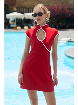 FullaModa Biyeli Göğüs Dekolteli Mini Boy Elbise