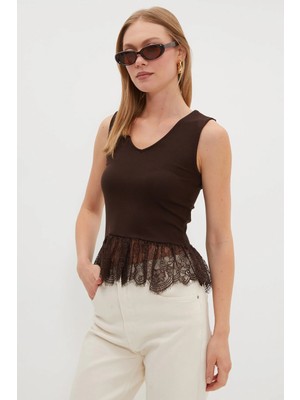 FullaModa Dantelli V Yaka Slim Fit  Bluz