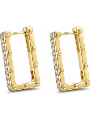 Serelya Pirinç Gold Renk Zirkon Taşlı Dikdörtgen Model Seranay Küpe