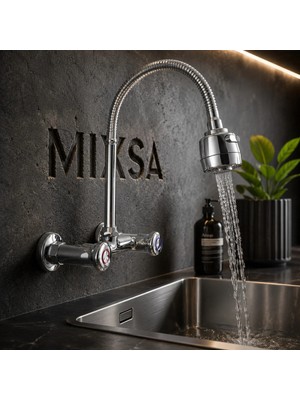 Mixsa Lüx Premium Klasik Duvardan Çevirmeli Mutfak Bataryası Çift Su Girişli Fonksiyonlu Başlıklı Batarya