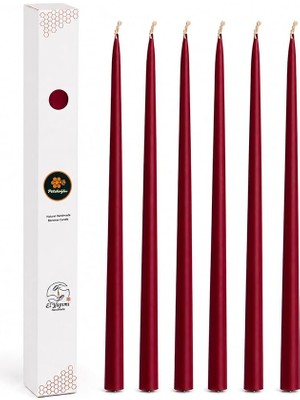 Balmumu Mum (Beeswax Candle) 6'lı Bordo Konik Şamdan Mum Seti 34 cm Dekoratif Doğal Arı Balmumu