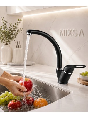 Mixsa Lüx Siyah Krom Mix Borulu Mutfak Bataryası Döner Borulu Premium Batarya
